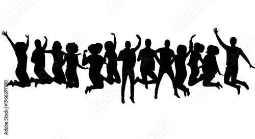 Silhouettes of people jumping in the air with joy and excitement