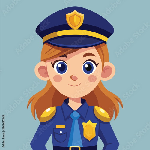 Confident cartoon female police officer with ginger hair smiling bravely in her blue uniform