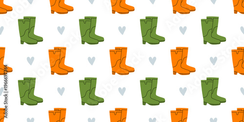 Vector seamless pattern with orange and green rubber boots and hearts. Playful flat design, great for childish design, weather related projects, cheerful backgrounds. Farming and agriculture print.