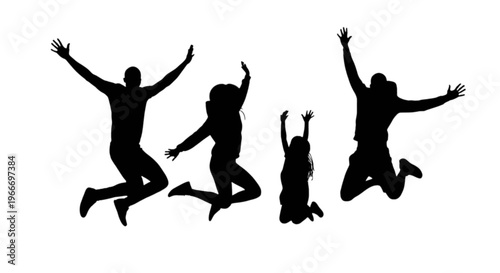 Silhouettes of four people jumping in the air with joy and excitement