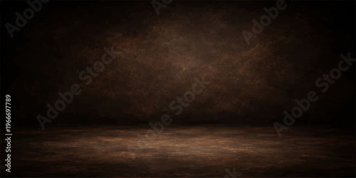 An empty dark room featuring a textured grunge wall and aged gray concrete floor creates a vintage black stone surface backdrop for a blank pattern design