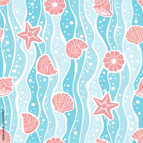 Seamless ocean pattern with shells starfish and waves in blue pastel tones, soft marine background with flowing lines and coral pink elements on blue