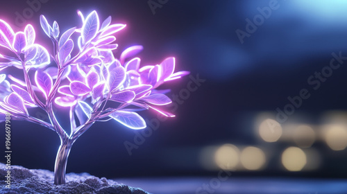 Glowing tree with neon leaves illuminates dark background, creating magical atmosphere