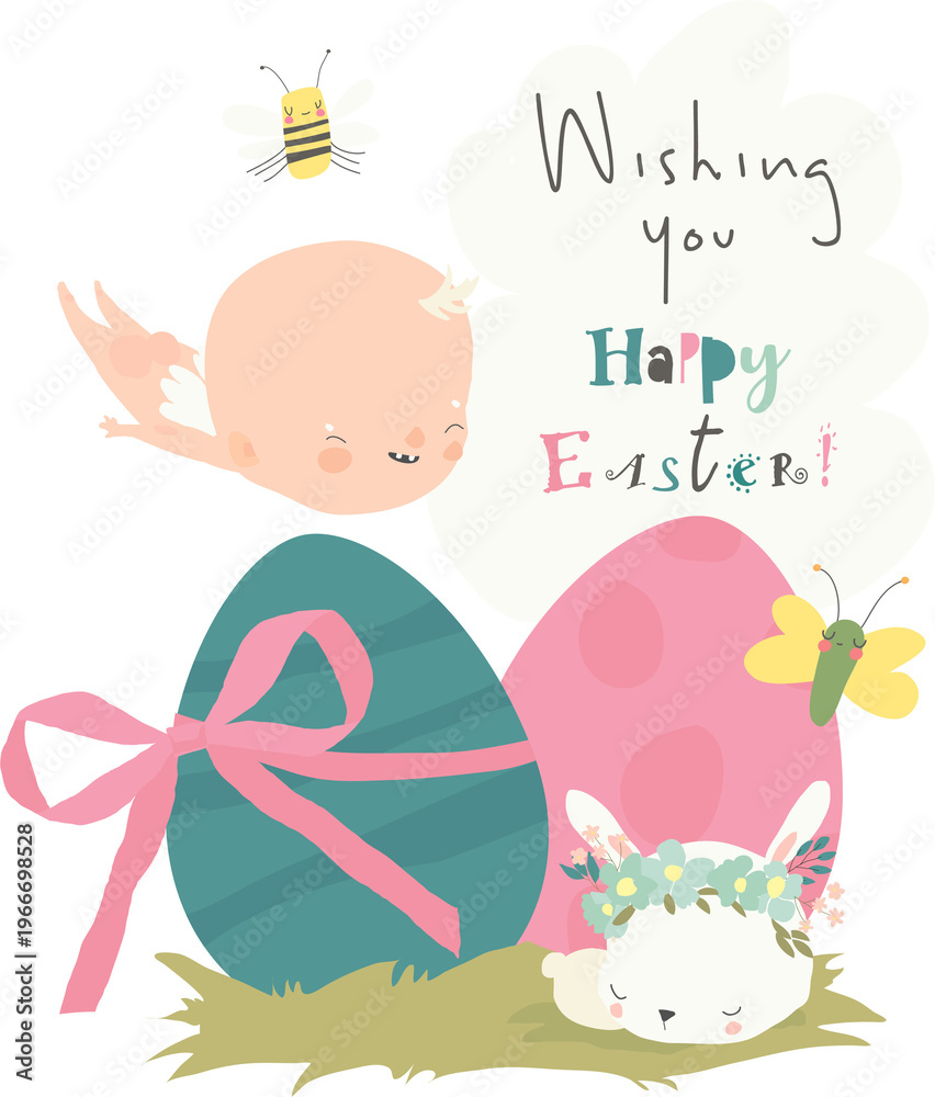 Fototapeta premium Card for Easter Day with Little Cartoon Angels and Ester Eggs. Vector Illustration