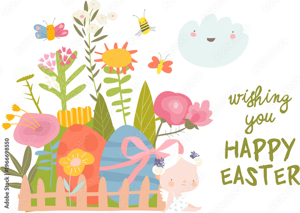 Fototapeta premium Card for Easter Day with Little Cartoon Angels and Ester Eggs. Vector Illustration