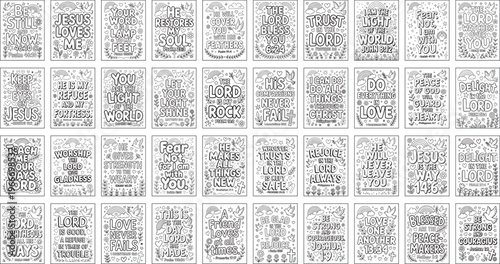 Christian Bible Verse Kawaii Doodle Set – Cute Hand-Drawn Faith Quotes, Scripture Typography and Inspirational Black and White Illustrations