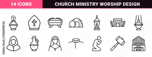 Christian Religion and Spiritual Faith Minimalist Monoline Geometric Line Art Outline Symbols for Church Ministry and Theological Design