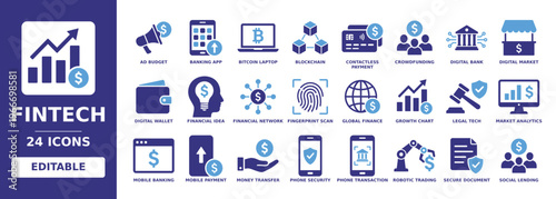 Fintech solid vector glyph icon set including mobile banking, digital wallet, blockchain, bitcoin laptop, contactless payment, crowdfunding, and robotic trading icons.