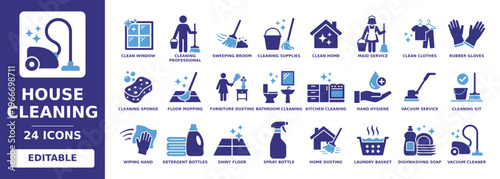 House Cleaning solid vector glyph icon set including maid service, vacuum cleaner, cleaning supplies, sweeping broom, floor mopping, bathroom cleaning, and laundry basket icons.