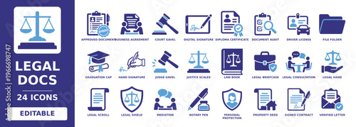Legal Docs solid vector glyph icon set featuring court gavel, justice scales, business agreement, signed contract, digital signature, legal consultation, and property deed icons.