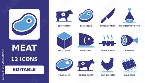 Meat solid vector glyph icon set including beef steak, chicken drumstick, butcher knife, fish steak, ham leg, grilled meat, raw chicken, ribs rack, and beef cattle icons.