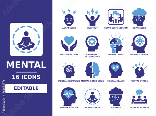 Mental Health solid vector glyph icon set featuring mindfulness, therapy session, emotional intelligence, counseling session, mental clarity, mental stress, and burnout icons.