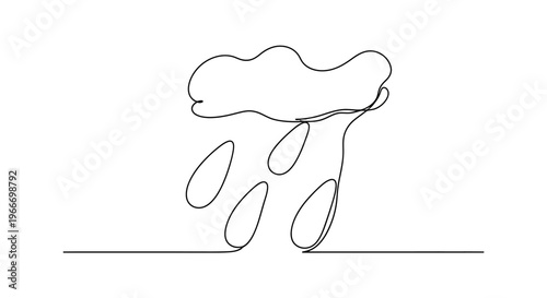 Minimalist single line drawing of a rain cloud with falling raindrops on a white background