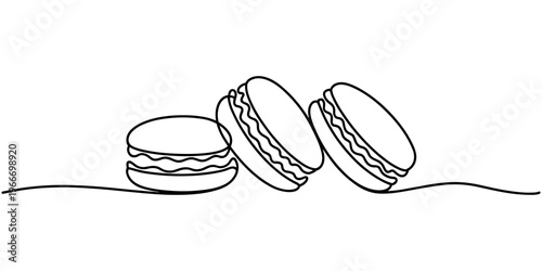 Macaron one line drawing, Macaroon continuous one line drawing. Sweet french macaroons, Continuous one line drawing of colorful French macaroons isolated on white background, Macaron cookie one