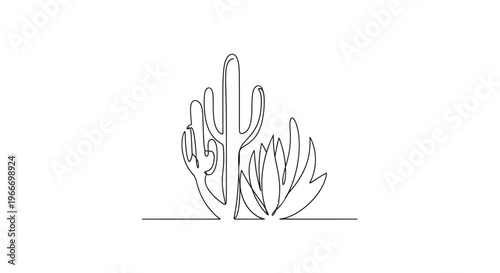 Minimalist Line Art Drawing of Desert Cacti and Succulent Plants
