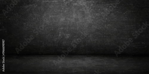 Empty dark black grunge room with aged concrete wall texture and dirty gray cement floor pattern backdrop