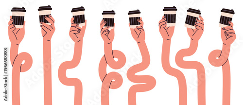 Flat vector illustration of multiple hands holding takeaway coffee cups. Perfect for concepts of energy, refreshment, café culture, and contemporary design.