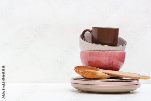 Stack of clean tableware an...