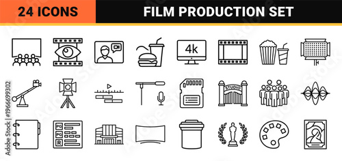 Minimalist monoline cinema and film production icon set featuring geometric line art for movie theater and cinematography web interfaces.