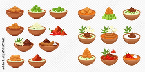 Set of various delicious Asian and Indian food dishes in bowls.