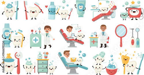 Dental Clinic and Dentist Care Icon Set with Tooth Treatment, Oral Hygiene, Toothbrush, Dentist Tools, and Smiling Tooth Characters.