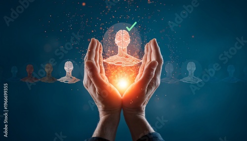 Close-up of adult hands cupped around a glowing light illuminating a selected stylized human avatar icon with a green checkmark within a digital interface. Futuristic human resources and recruiting co