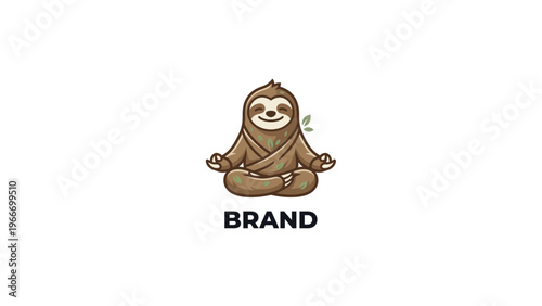 Zen sloth meditating in lotus position with a green leaf on its shoulder, representing mindfulness and relaxation, perfect for yoga or wellness brands