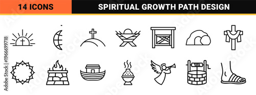 Christian Spirituality and Religious Concepts Minimalist Monoline Icon Set Featuring Holy Bible Cross and Church Symbols for Web Design