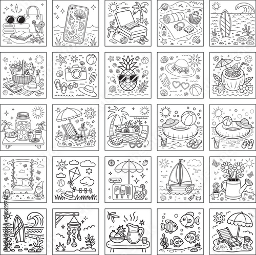 Summer Vacation Kawaii Doodle Collection – Cute Hand-Drawn Black and White Beach, Travel and Holiday Lifestyle Illustrations