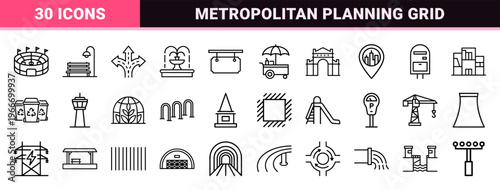 Urban Infrastructure and City Planning Line Art; Minimalist Monoline Geometric Icons for Architecture, Transportation, and Public Services.