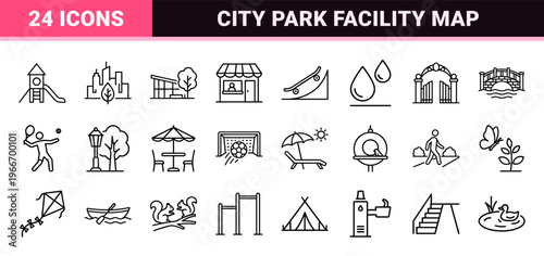 Urban Park Recreation and City Public Space Minimalist Monoline Geometric Line Art Grid Set for Wayfinding and Interface Design