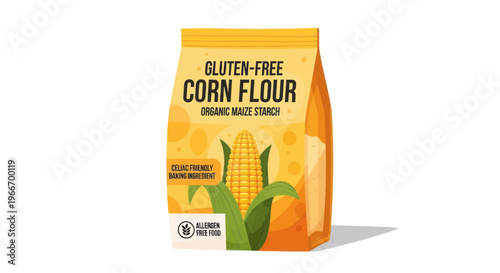 Gluten free corn flour package with organic maize starch on white background