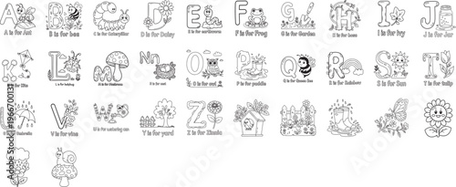 Kawaii Alphabet Doodle Set – Cute Hand-Drawn ABC Letters with Animals, Nature and Whimsical Black and White Illustrations