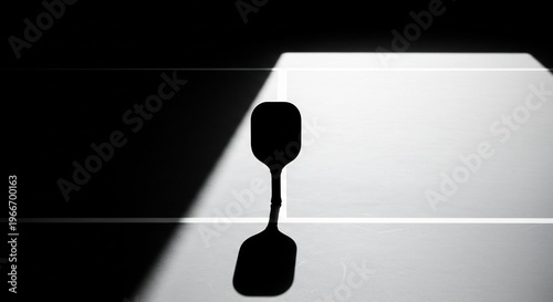 pickleball paddle silhouette on court with stark light and shadow