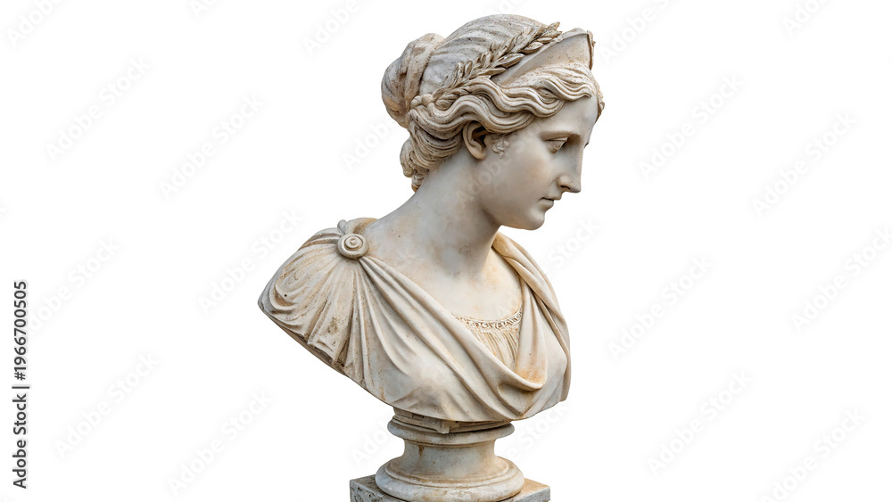 Fototapeta premium Statue of a woman with a bun hairstyle and a headband crafted from stone, displayed in a simple setting isolated on transparent background 