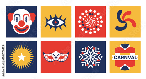 Carnival themed icons with vibrant designs on transparent background silhouette