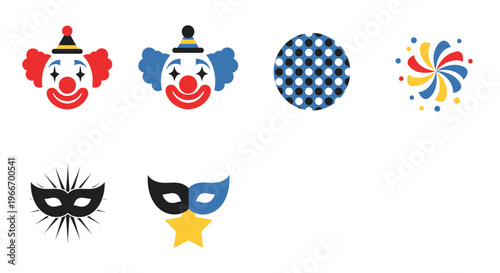 Colorful circus icons featuring clowns masks and patterns on transparent background silhouette