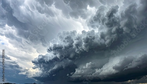 A dark and ominous stormy sky with thick, grey clouds