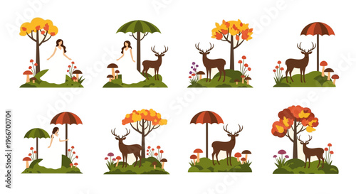 Autumn forest scenes with deer people and mushrooms on transparent background silhouette