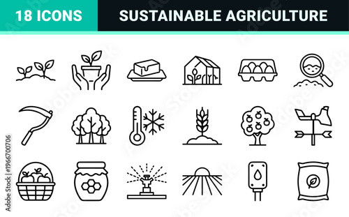 Smart Agriculture and Dairy Industry Monoline Icons Featuring Sustainable Farming Practices and Fresh Produce in Minimalist Geometric Style