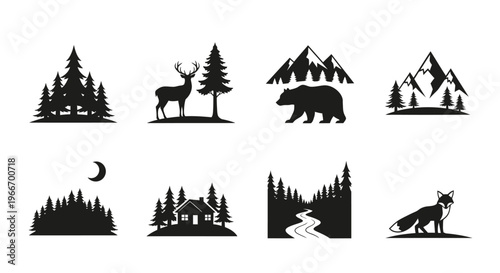 Black forest wildlife icons with deer bear and fox silhouette on transparent background