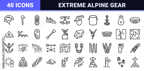 Extreme Minimalist Rock Climbing and Mountaineering Gear Line Icons featuring Ultra-Modern Geometric Aesthetic for Professional Design UI