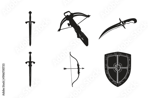 Medieval weapons set bundle silhouette, sword, bow, crossbow, shield.