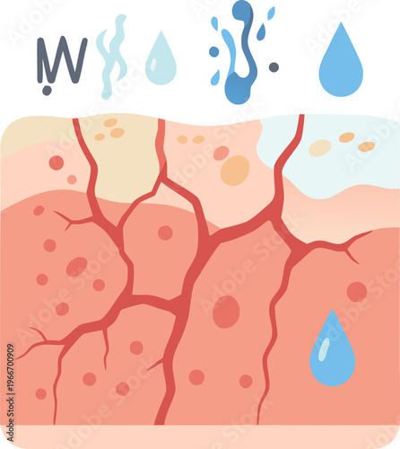 Illustration showing dehydrated skin layers with cracked surface, damaged blood vessels, and water droplets evaporating away, labeled with moisture loss