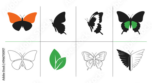 Collection of colorful and monochrome butterfly designs on transparent background silhouette