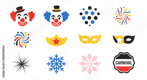 Colorful carnival elements including clowns and masks on transparent background silhouette