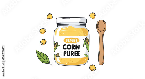 Organic baby food corn puree in a jar with a spoon and corn kernels on a white background