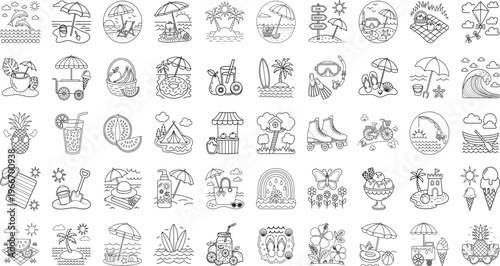 Summer Vacation Kawaii Doodle Collection – Hand-Drawn Black and White Travel, Ocean, Vacation and Tropical Outline Illustrations