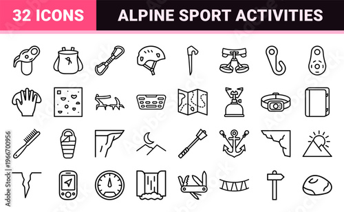 Minimalist Monoline Geometric Outline Icons Featuring Rock Climbing Equipment and Alpine Mountaineering Essentials for Professional Design.