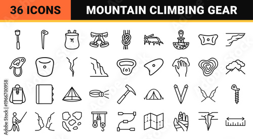 Extreme Minimalist Alpine Climbing and Rock Ascent Line Art Set. Commercially Refined Geometric Outline Symbols for Professional Outdoors Gear.